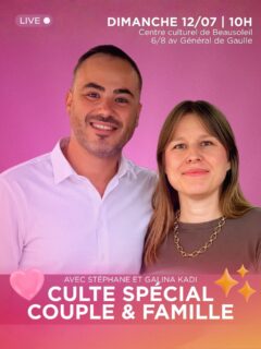 💛 CULTE SPÉCIAL — COUPLE & FAMILLE 💛
Ce dimanche 12 juillet, ne manquez pas un temps fort autour d’un sujet qui nous concerne tous : le couple, la famille, les relations et le cœur de Dieu pour nos foyers.
Avec @kadi.stephane  et @galina.kadi nous prendrons un temps pour recevoir des clés, être encouragés, fortifiés et recentrés sur ce que Dieu veut bâtir dans nos maisons.
Que vous soyez mariés, parents, célibataires, en chemin, ou simplement désireux de comprendre le plan de Dieu pour la famille… ce culte est pour vous.
📍 Centre Culturel de Beausoleil 
6/8 avenue Général de Gaulle
🕙 10h00
Venez avec votre famille, invitez quelqu’un, et ne ratez pas ce rendez-vous spécial.
On croit que Dieu veut parler, restaurer, encourager et édifier. 🙌