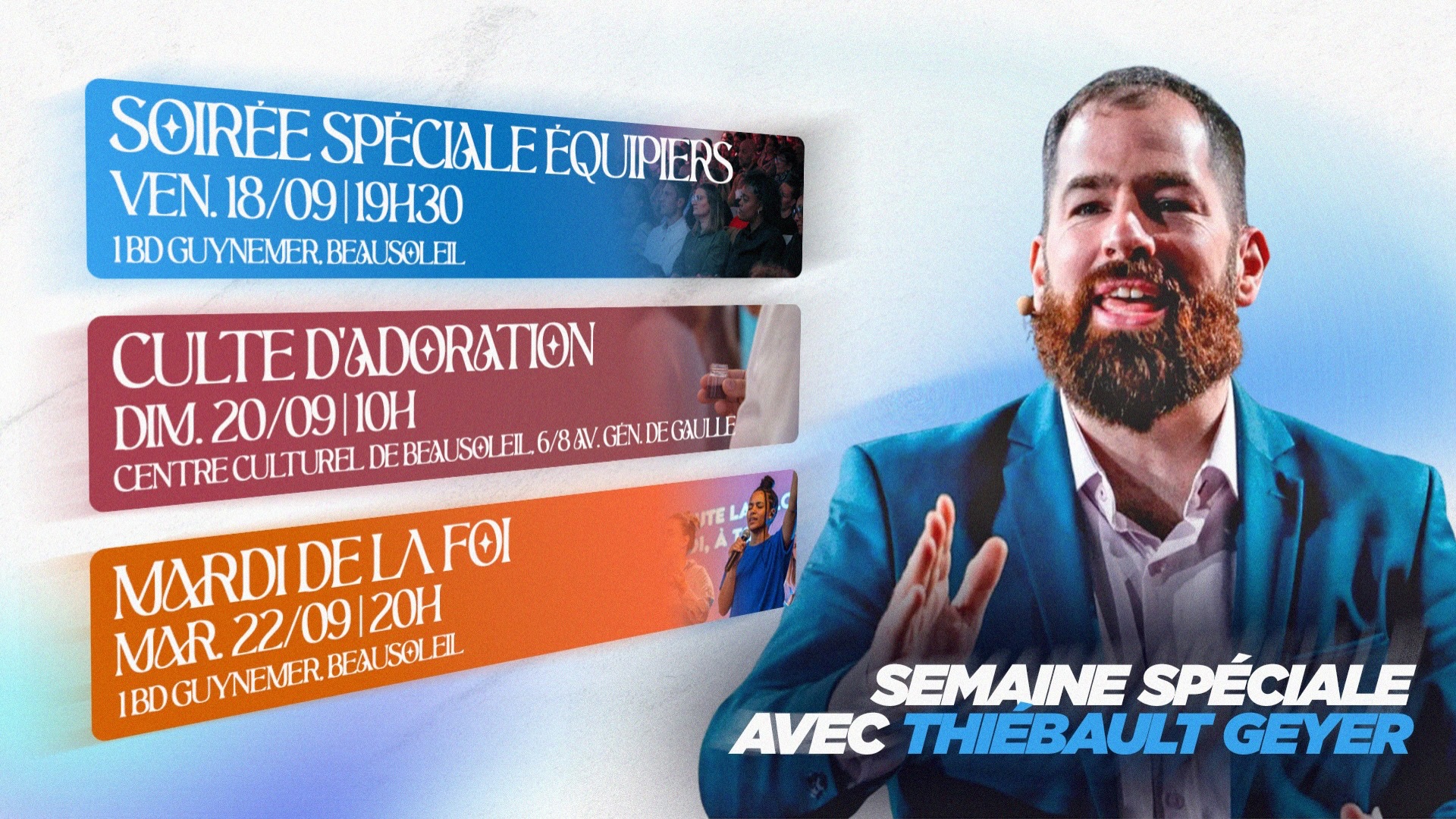 🔥 ATTENDS TOI À ÊTRE RENOUVELLÉ !
On se retrouve avec notre invité @thieb.geyer de la Porte Ouverte Chrétienne de Strasbourg pour 3 réunions 🔥
Nous croyons en cette rentrée que Dieu veut nous renouveler, et nous fortifier. 
Alors soyons dans l’expectative de ce qu’il fera 🔥
🔥 Vendredi 18 septembre – 19h30
📍1 bd Guynemer, Beausoleil
🔥 Dimanche 20 septembre – 10h
📍 Centre culturel de Beausoleil – 6/8 av du Général-de-Gaulle
🔥 Mardi 22 septembre – 20h
📍 1 bd Guynemer, Beausoleil
Soyez bénis ❤️