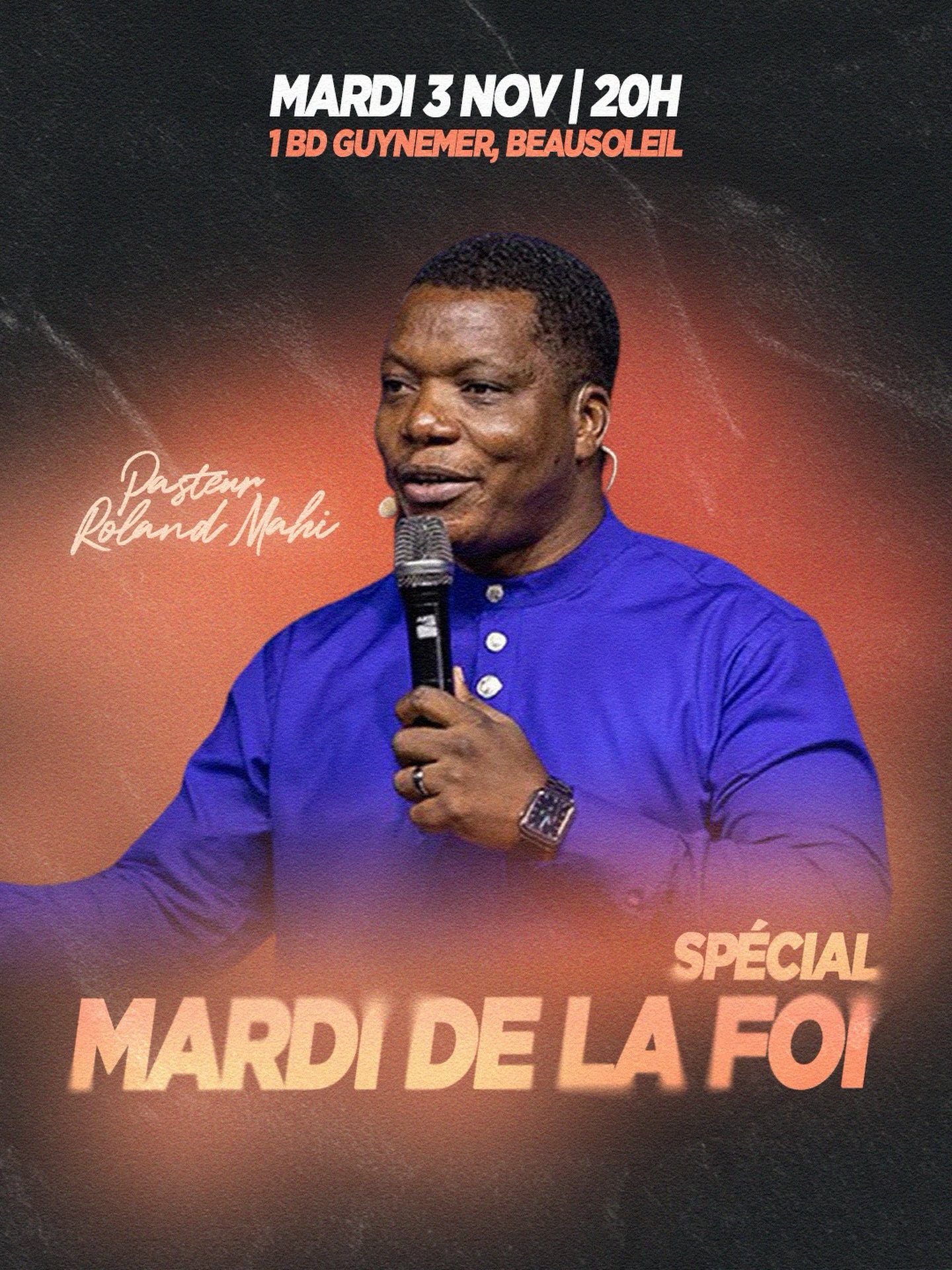 🔥 MARDI DE LA FOI SPÉCIAL !
Nous aurons la joie d’accueillir le pasteur @rolandmahi pour une soirée spéciale où nous nous attendons à vivre des temps de percée spirituelle 🙌🏻
Si toi aussi tu as besoin de vivre une victoire, d’aller plus loin dans ta vie spirituelle alors ce moment est pour toi 🔥
📅 Mardi 3 novembre à 20h
📍 1 boulevard du Guynemer, Beausoleil
